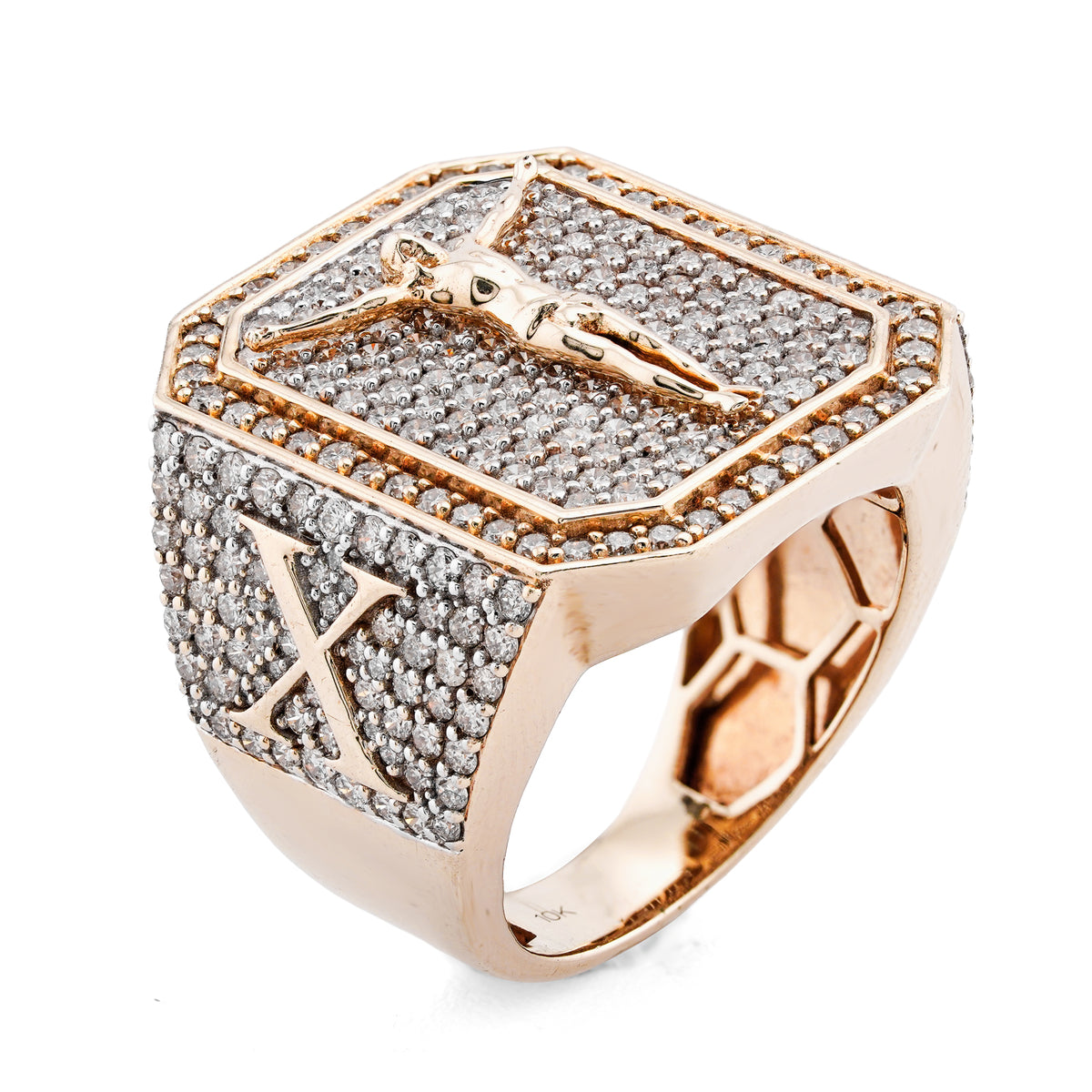 10K Yellow Gold Octagon Shape 3.95CT Natural Diamond Hanging Jesus Men Pinky Ring — view 5