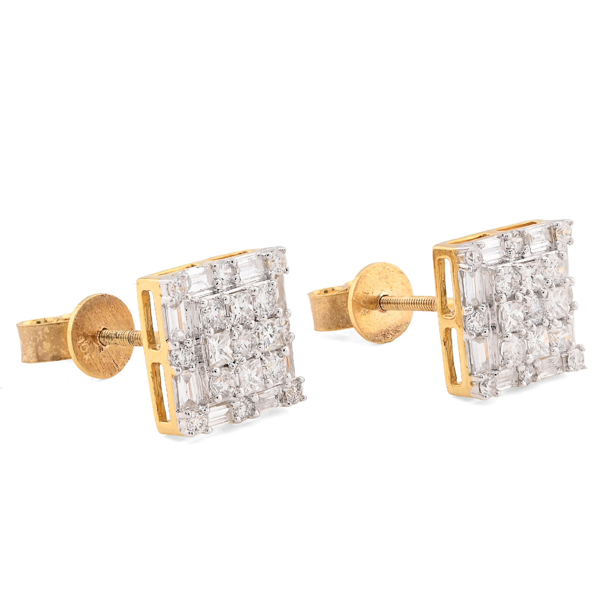 10K Yellow Gold 1.26CT Round/Baguette Natural Diamond Square Cluster Studs Men Women Earrings — view 4