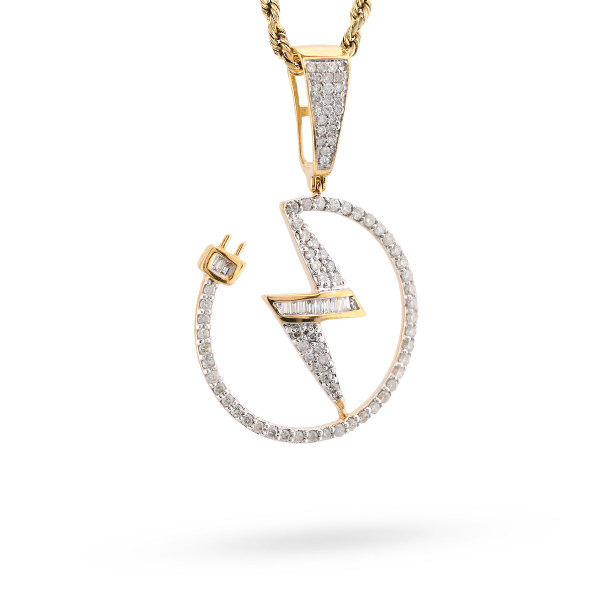 10K Yellow Gold 0.75CT Natural Diamond "Electric Plug" Shock sign Men Women 1.58" Pendant — view 2