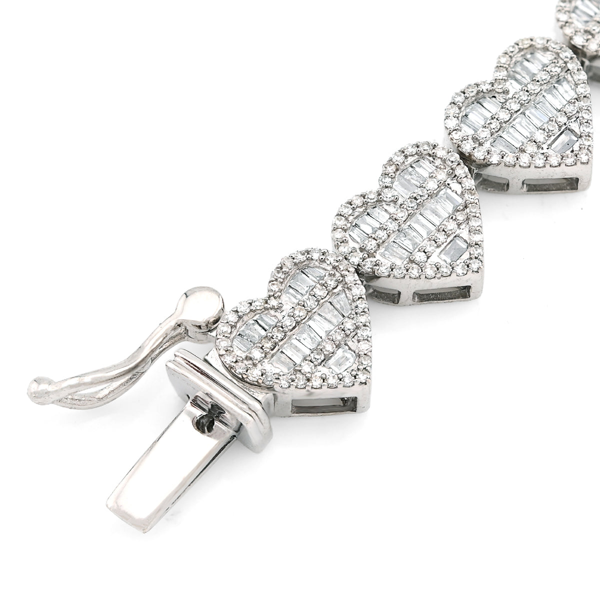 10K White Gold 2.52CT Round/Baguette Natural Diamond 7.5MM Tennis Heart Bracelet 7" 14.9g — view 7