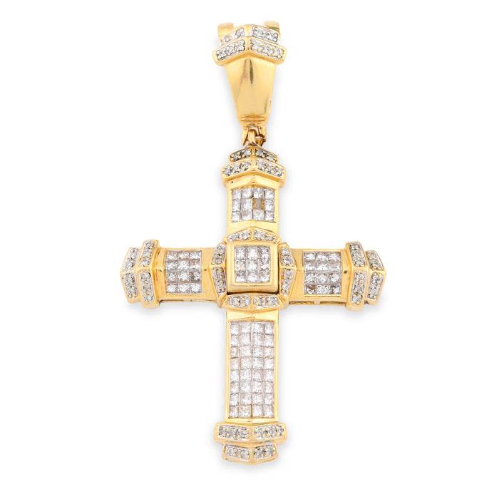 10K Yellow Gold Princess cut/Round 5CT Natural Diamond Religious Cross Pendant Men Women Charm — view 1