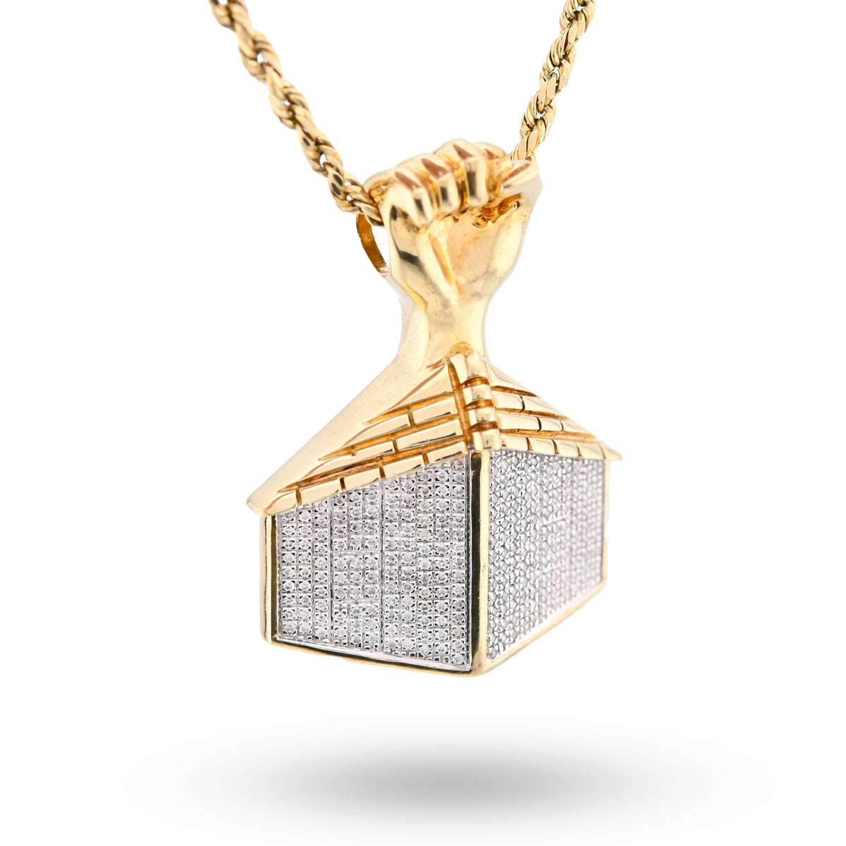 10K Yellow Gold House Shape Pendant Close Fist 1.10CT Natural Diamond Men Women Charm — view 2