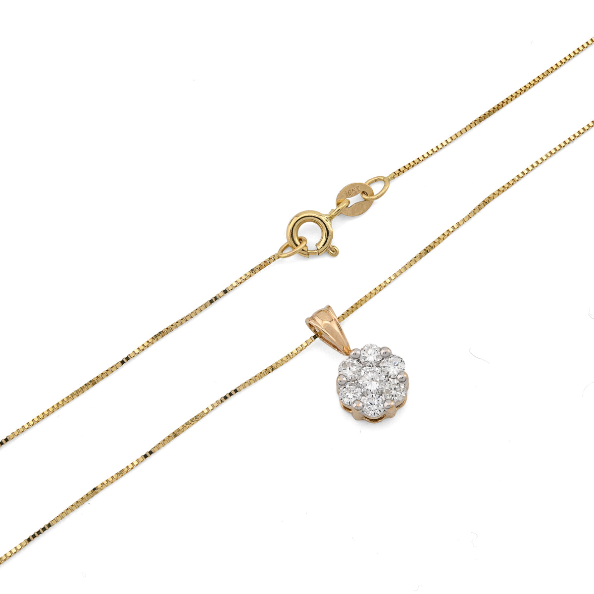 10K yellow Gold 0.75 CT Natural Diamond Flower Cluster Pendant Box Chain Set — view 7
