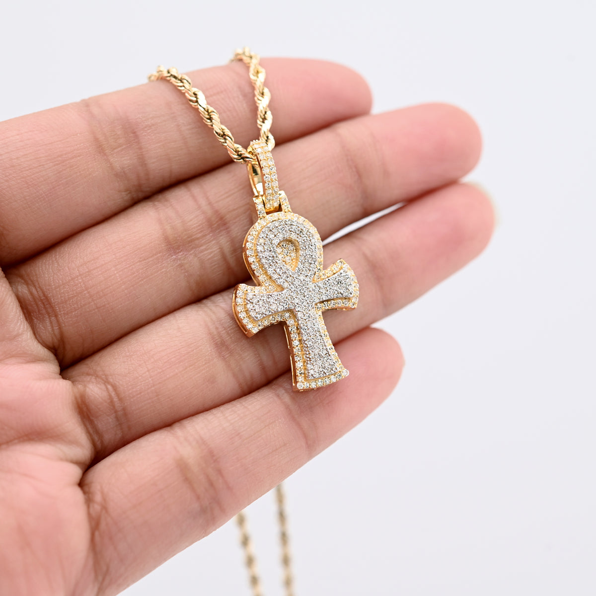 10K Yellow & White Gold 2 Tone 0.88CT Natural Diamond Egyptian Cross Pendant 1.4" Men Women Charm — view 9