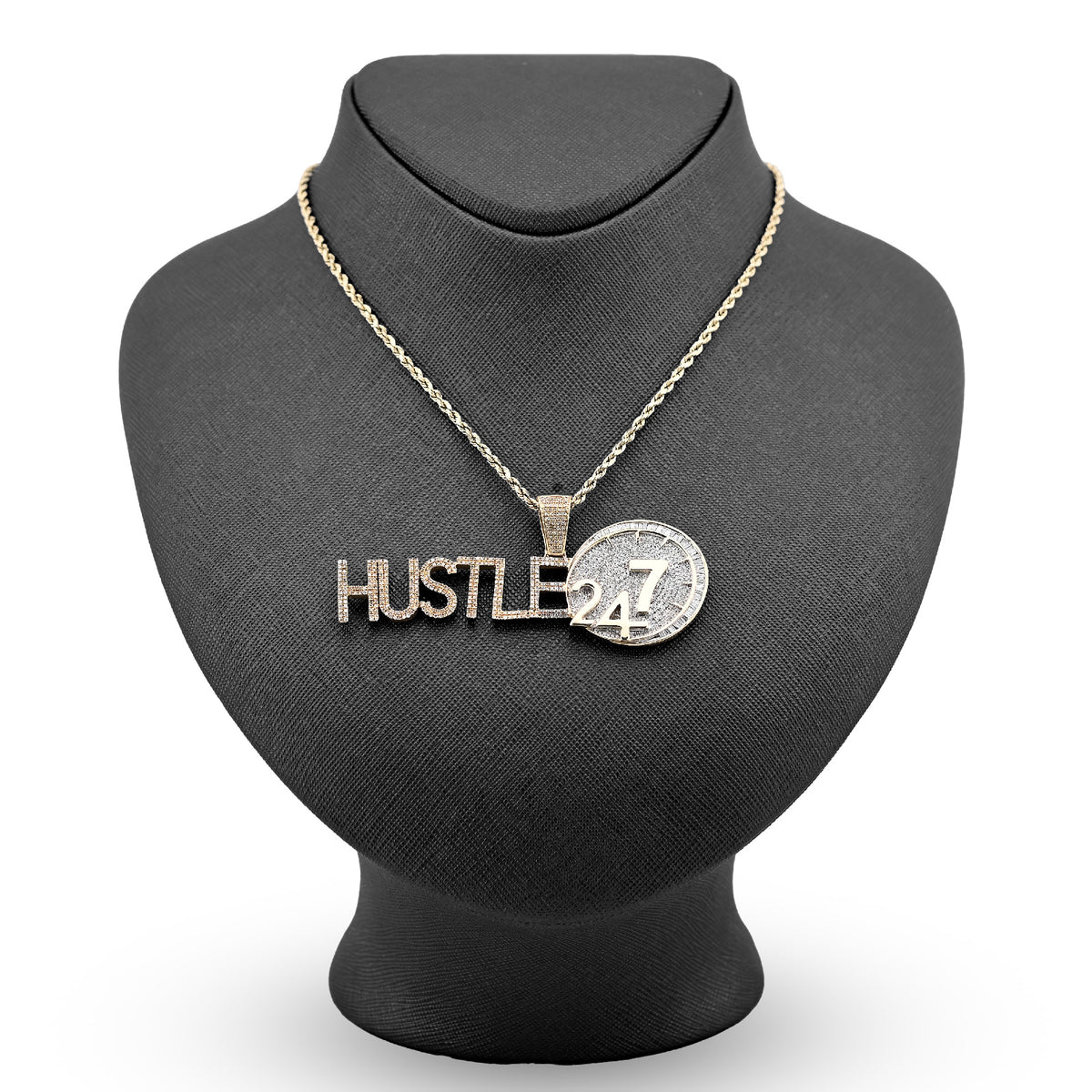 10K Yellow Gold 2CT Natural Baguette Diamond "HUSTLE 24/7" Custom Charm Men Pendant — view 9