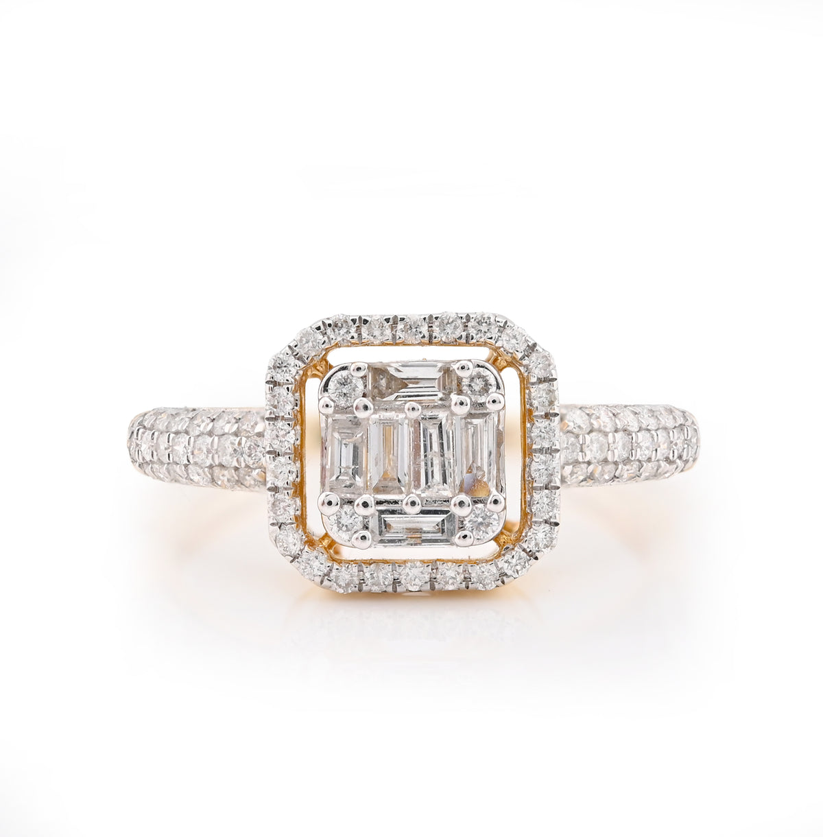 14K Yellow Gold 0.56CT Natural Diamond Round/Baguette Square shape Women Ring — view 1