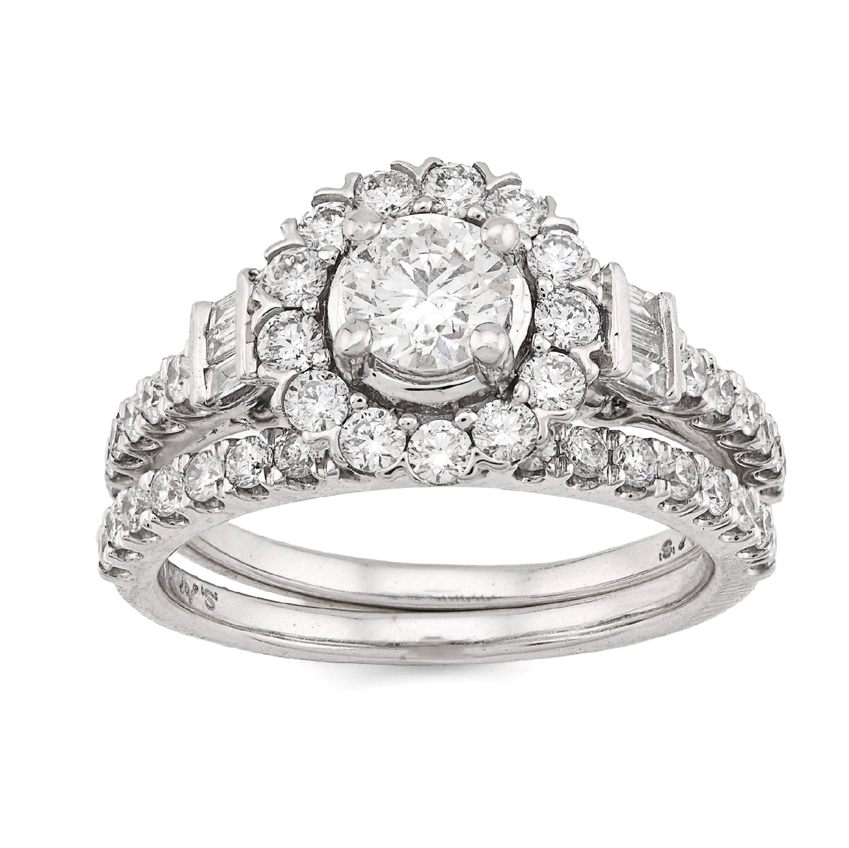 14K White Gold Solitaire/Baguette 1.50CT Natural Diamond Flower Women Wedding Ring — view 6