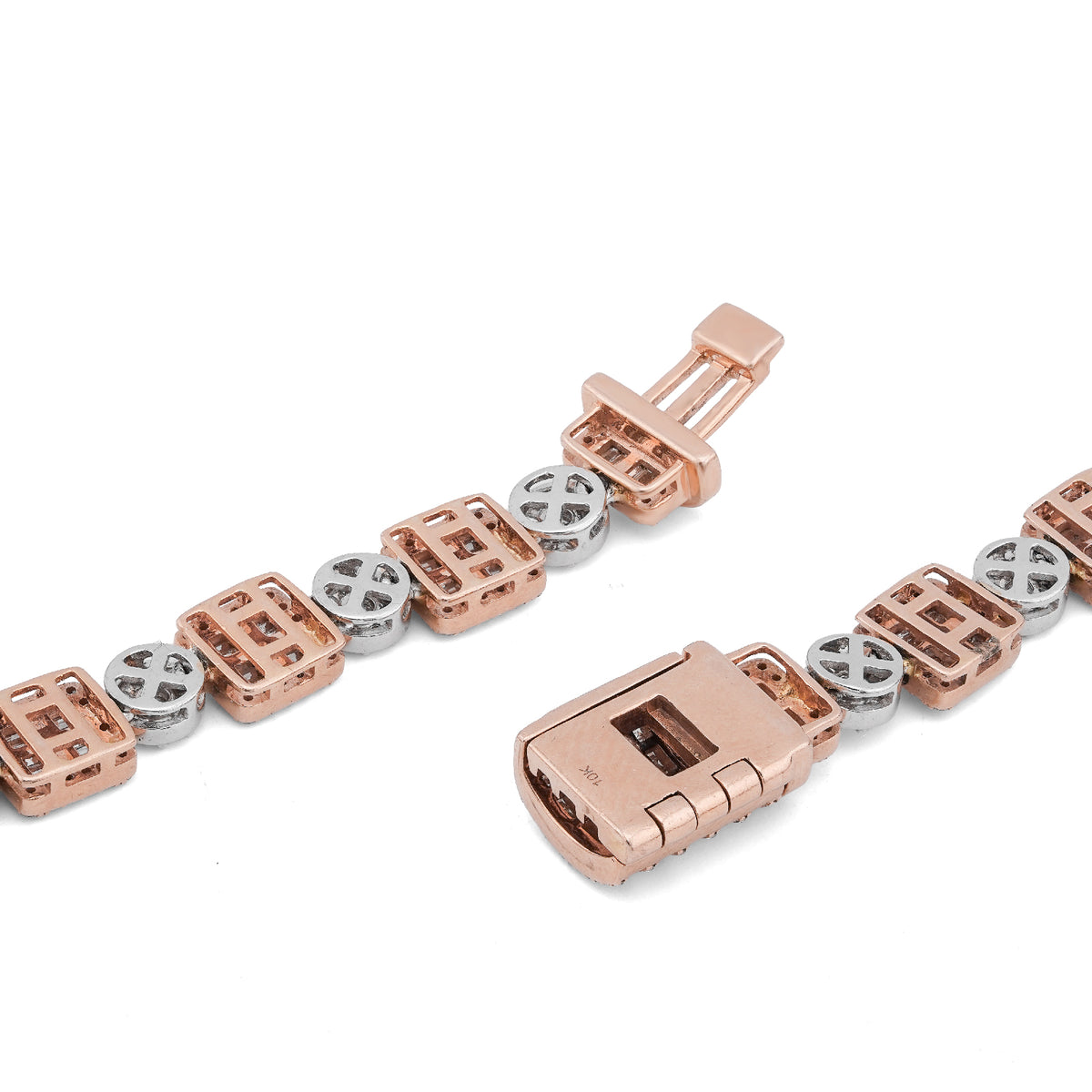 10K Rose/White Gold Square Round Link Natural Round/Baguette Diamond Men Women Tennis Chain — view 5
