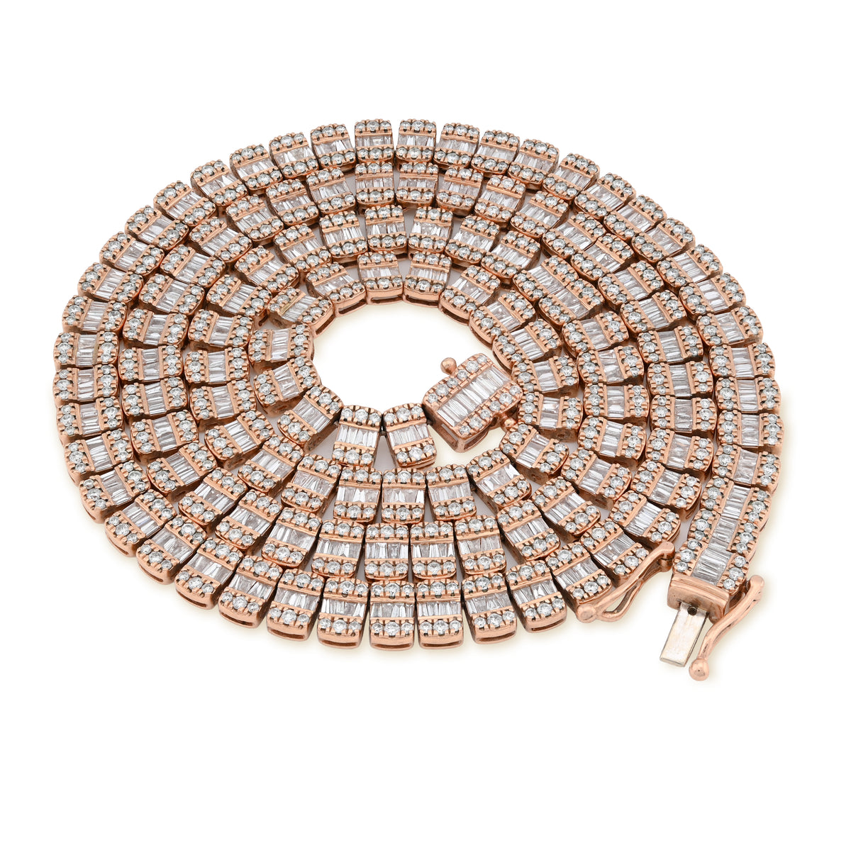 10K Rose Gold 15.4CT Natural Diamond Round/Baguette 7MM tennis Chain 7MM Men Women Necklace — view 7