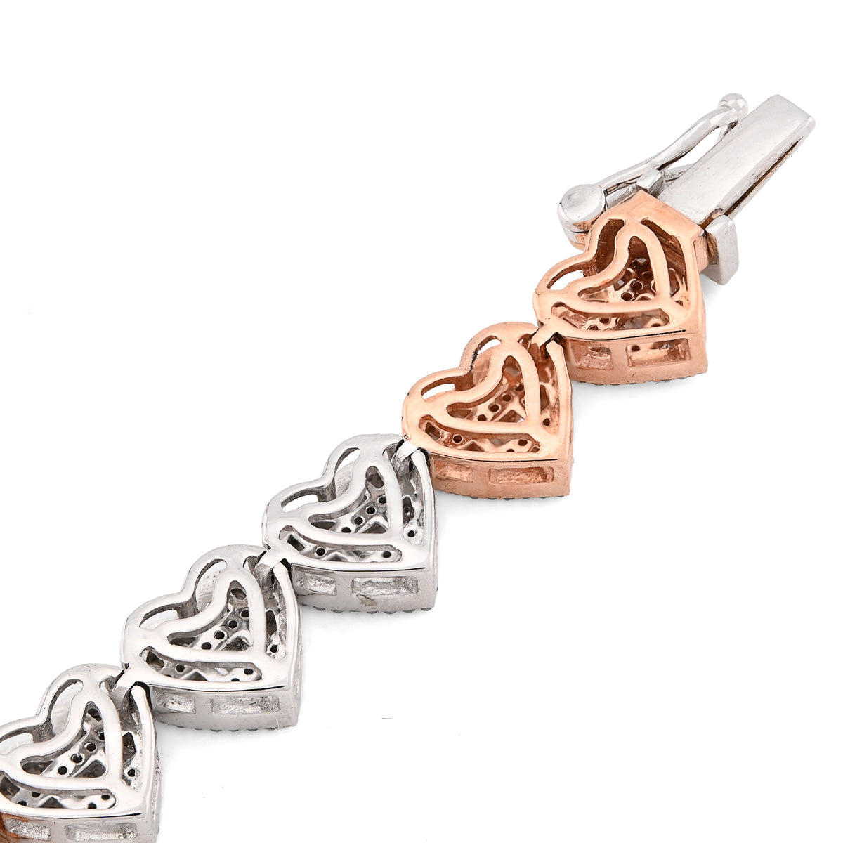 10K Rose & White Gold 2 Tone 2.72CT Round/Baguette Natural Diamond 7.5MM Tennis Heart Bracelet 7" 14.8g — view 7