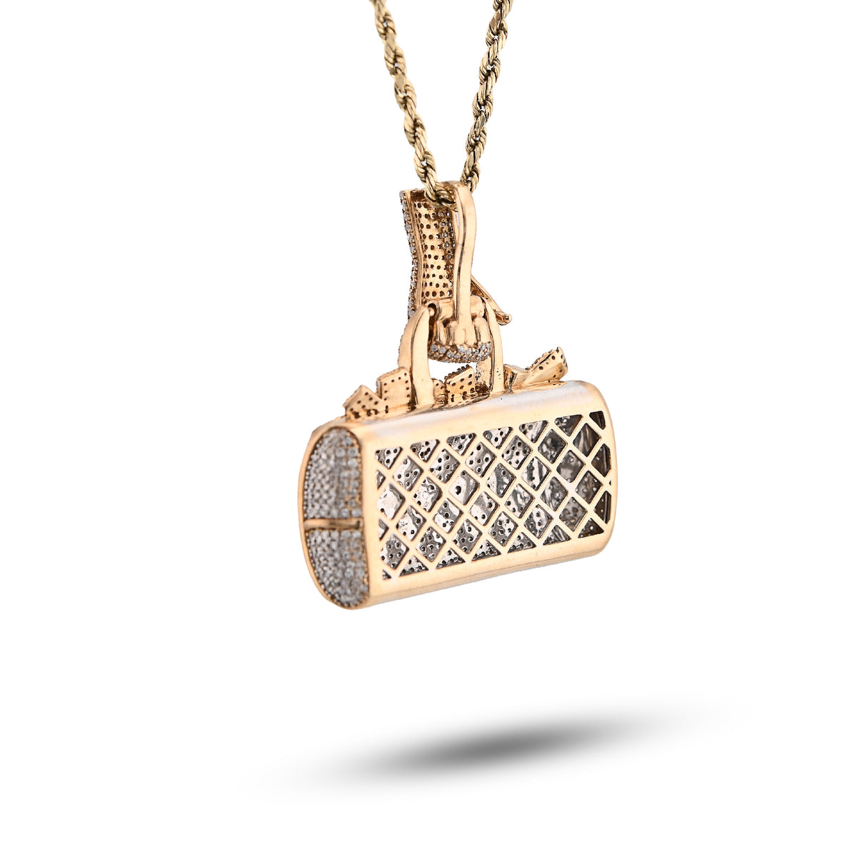 10K Yellow Gold 5CT Natural Diamond "IN MY BAG" Women Purse Hand Bail Pendant — view 6