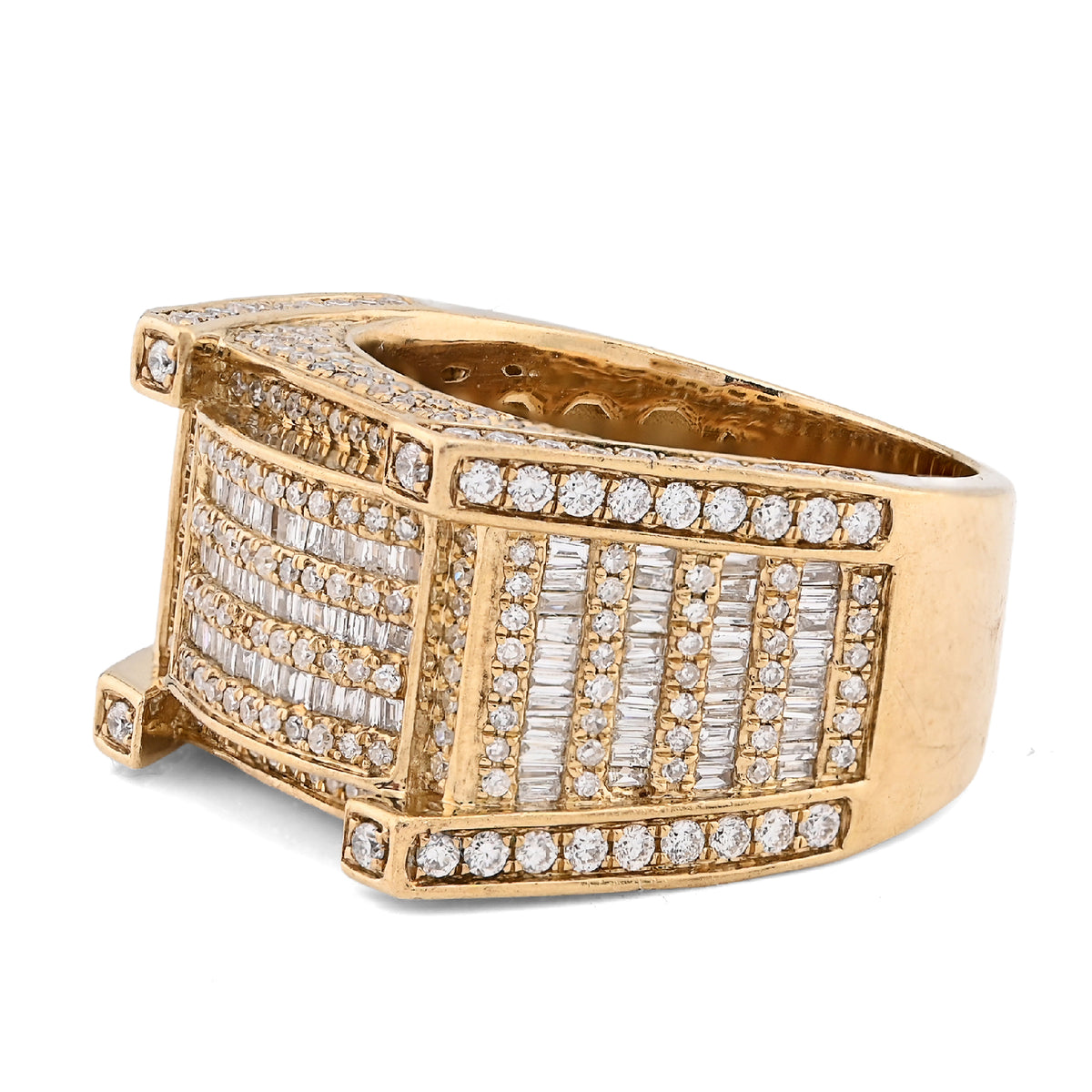 10K Yellow Gold 2.06CT Natural Diamond 3 Row Baguette Side Iced Men Pinky Ring — view 4