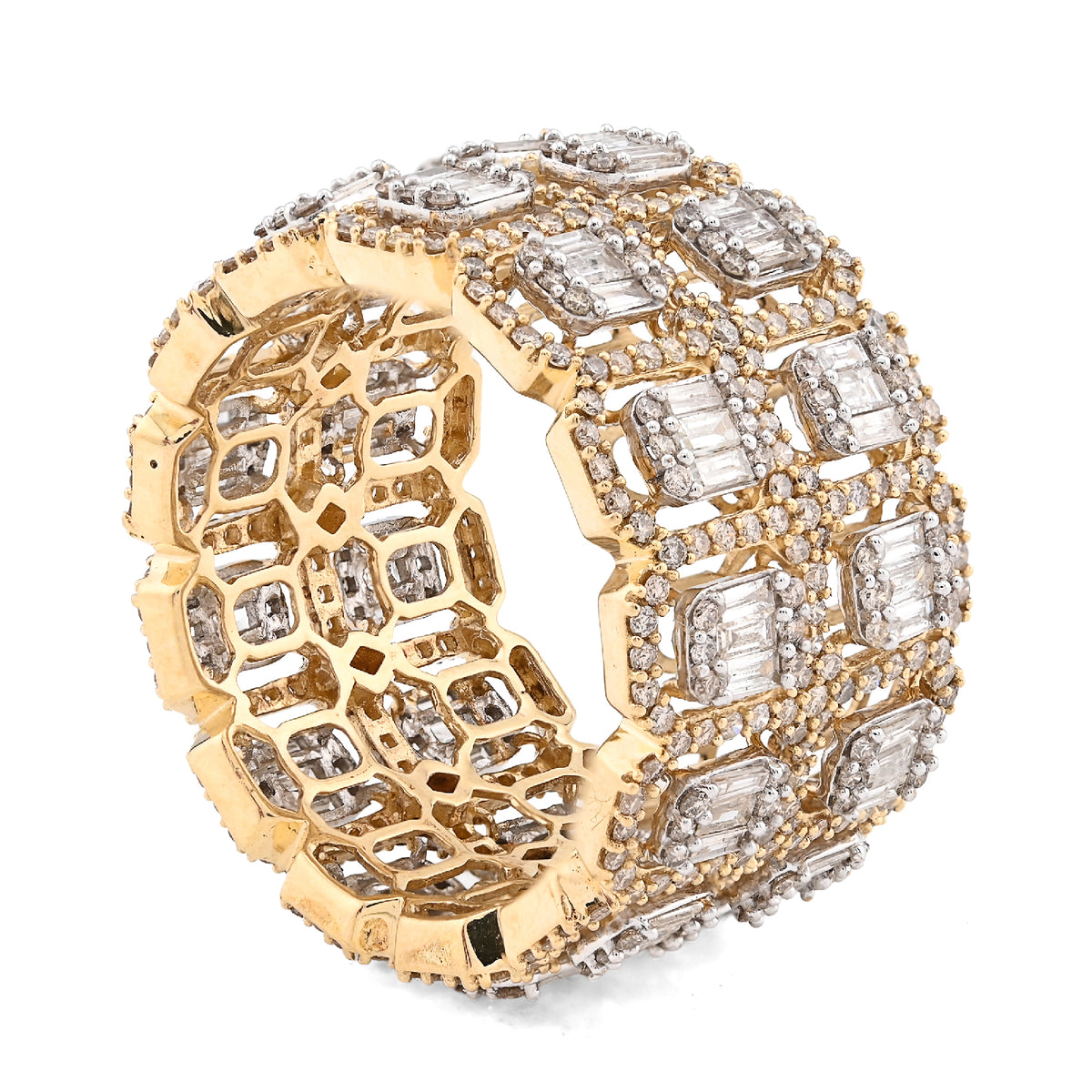 10K Yellow Gold 2 Row Round/Baguette 7CT Natural Diamond All Iced Men Ring — view 3
