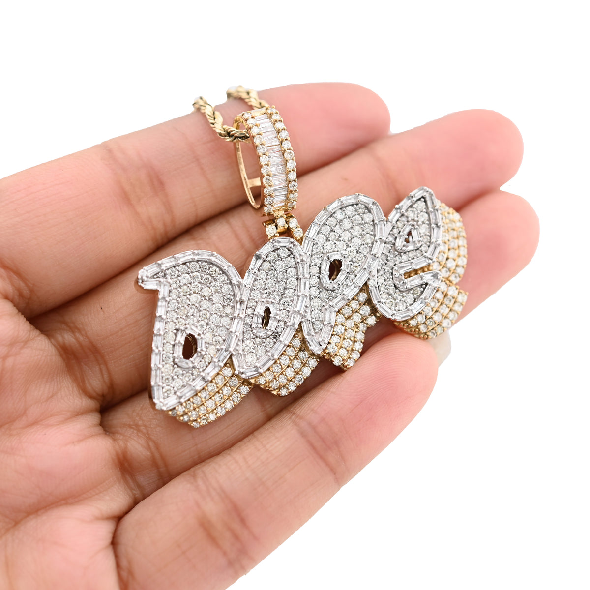 10K Yellow Gold 3.75CT "DOPE" Custom Natural Diamond Round/Baguette Pendant 1.9" Charm — view 4