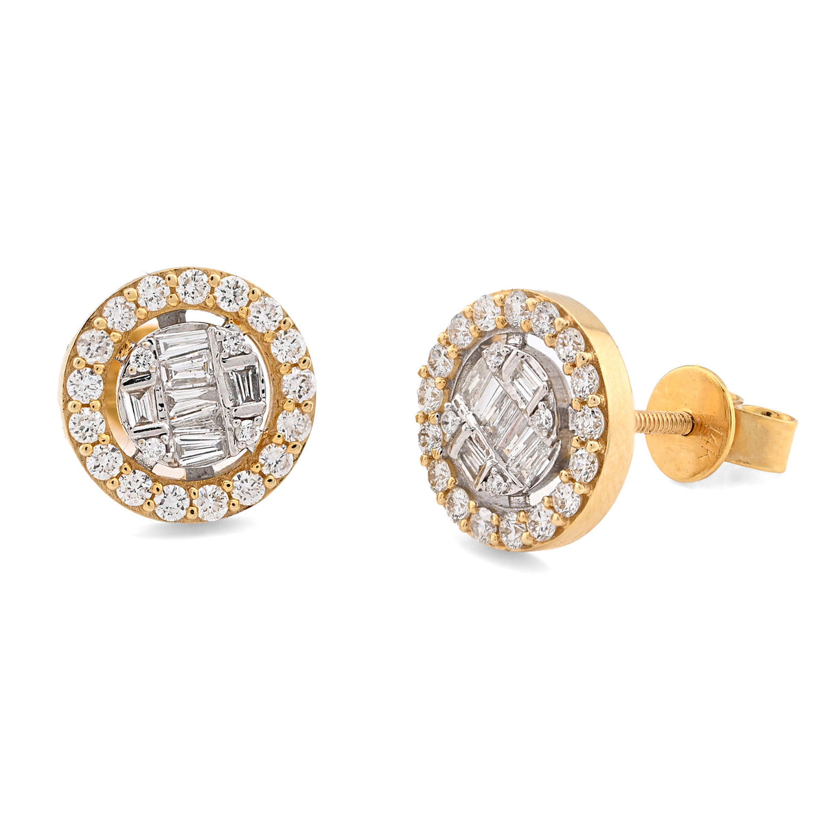 10K Yellow Gold 1.03CT Round/Baguette Natural Diamond Cluster Round Shape Earrings Men Women Studs — view 3