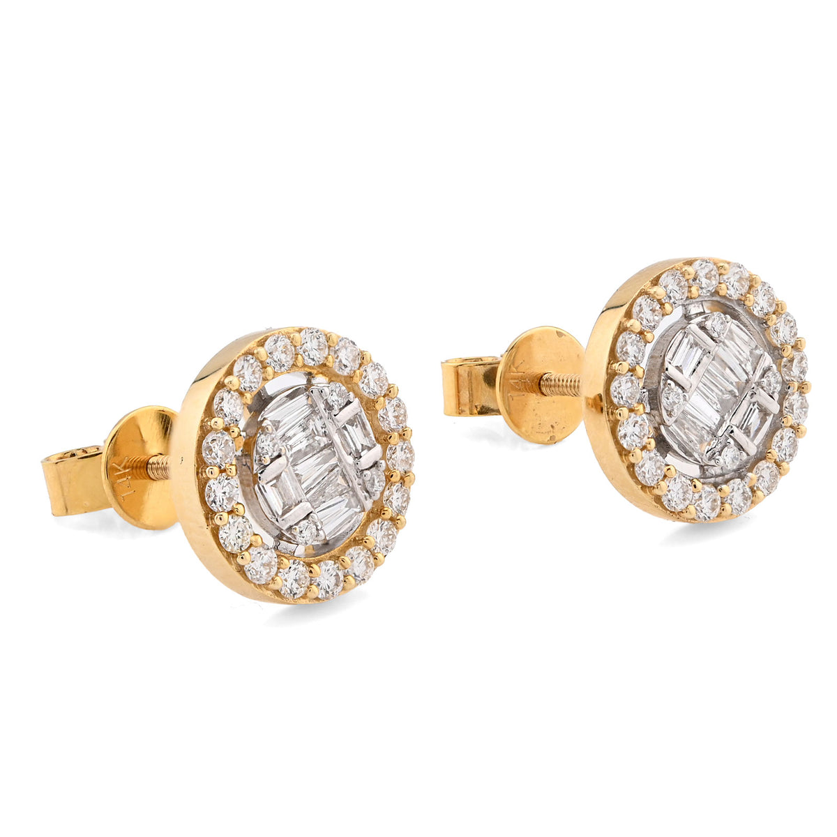 10K Yellow Gold 1.03CT Round/Baguette Natural Diamond Cluster Round Shape Earrings Men Women Studs — view 2