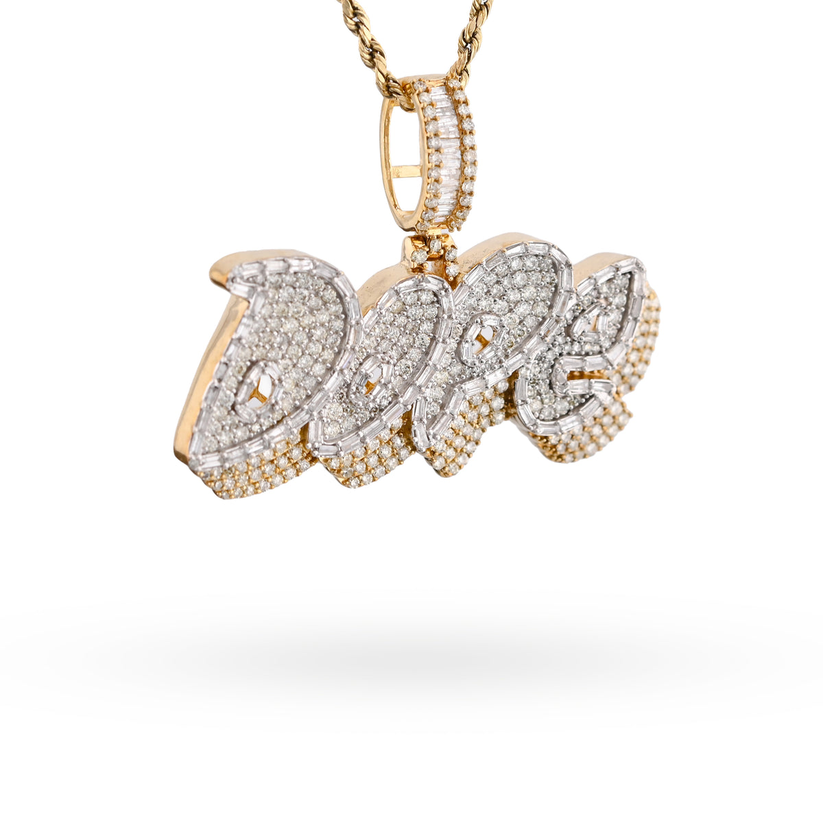 10K Yellow Gold 3.75CT "DOPE" Custom Natural Diamond Round/Baguette Pendant 1.9" Charm — view 2