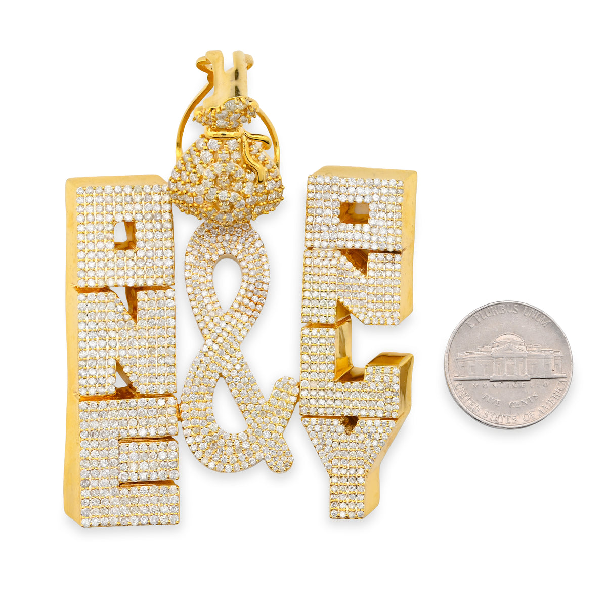 10K Yellow Gold "ONE & ONLY" Money Bag Custom Pendant 8CT Natural Diamond Men Charm — view 6