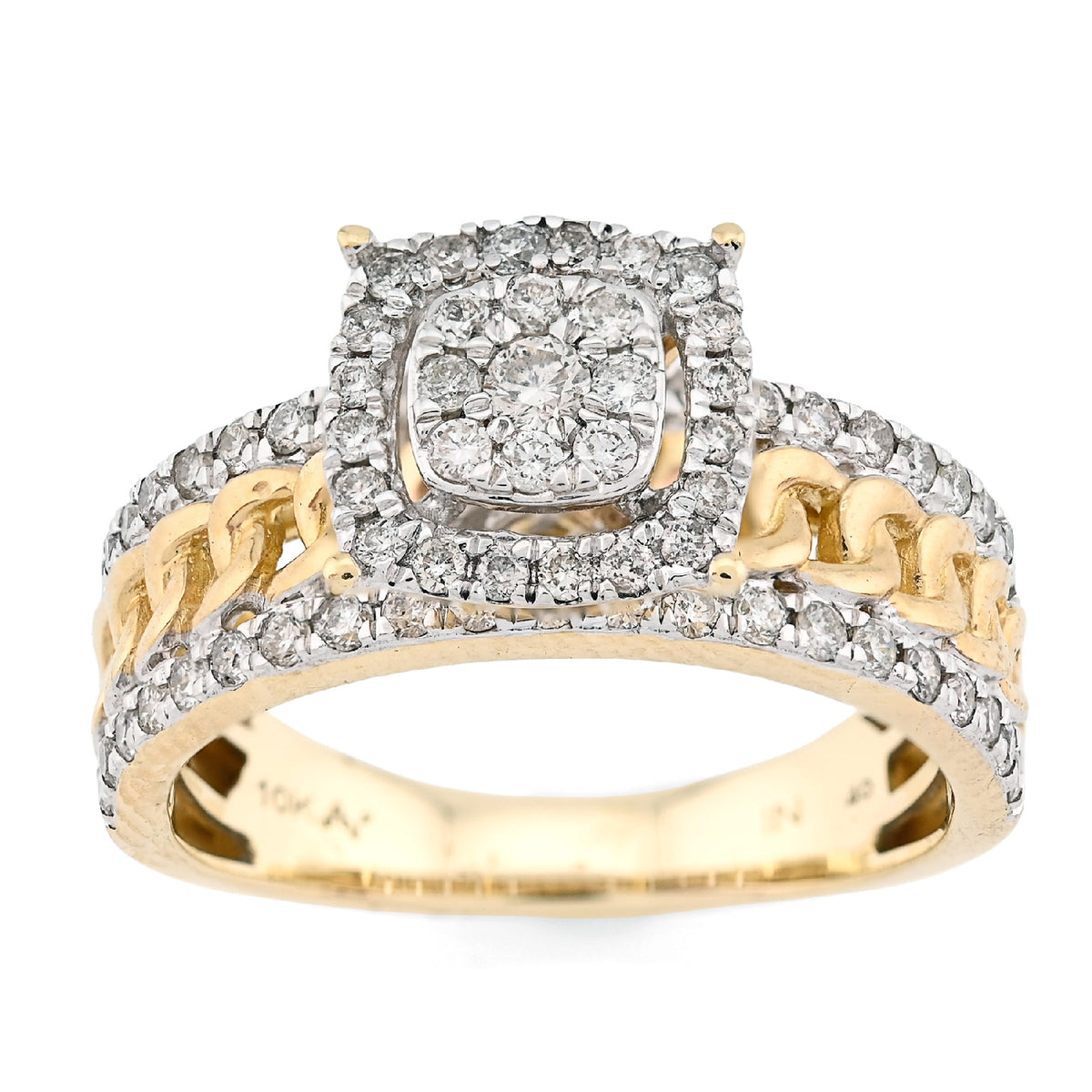 10K Yellow Gold 1.25CT Natural Diamond Cuban Link Square Women Ring — view 2