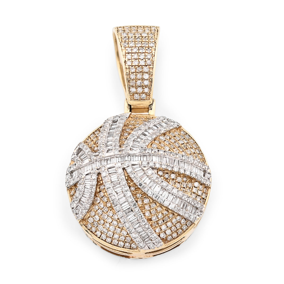 10K Yellow Gold Round/Baguette Natural Diamond Basket Ball Men Charm Pendant 34.8MM 14.8G — view 1