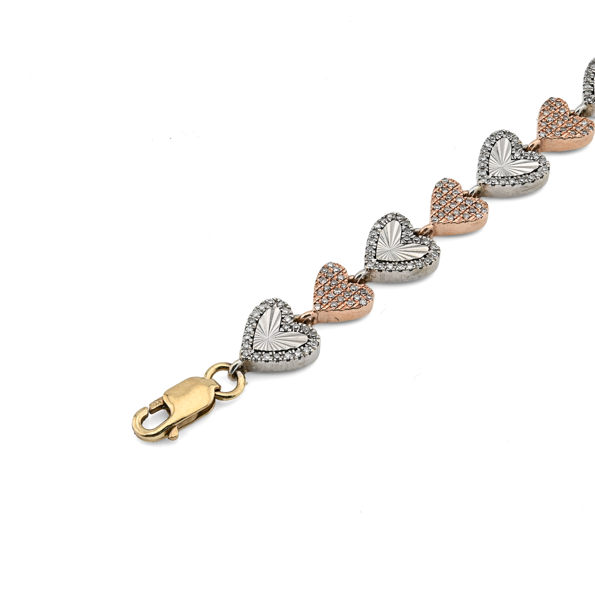 10K Yellow, White & Rose Gold 3 Tone 2CT Natural Diamond Heart Bracelet — view 5