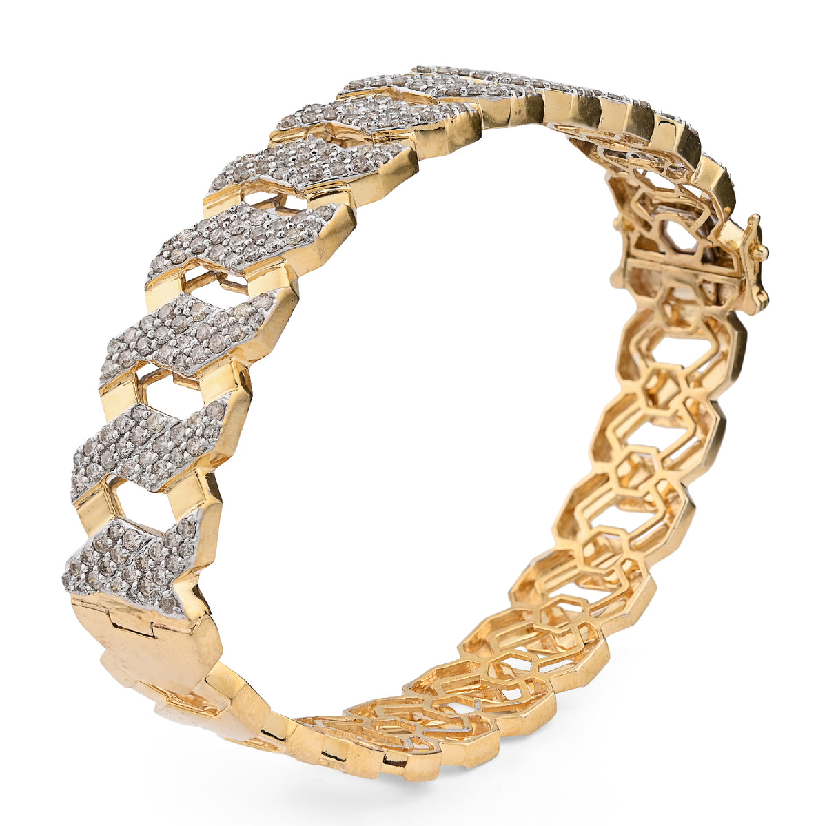 10K Yellow Gold 3.5CT Natural Diamond 2 Row Cuban Link Bangle Men 13MM Bracelet — view 3