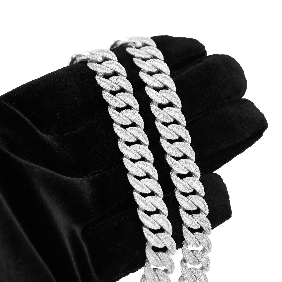 925 SS 16.25CT Natural Diamond Baguette Cuban Link 12MM Men Chain 22" Necklace — view 7