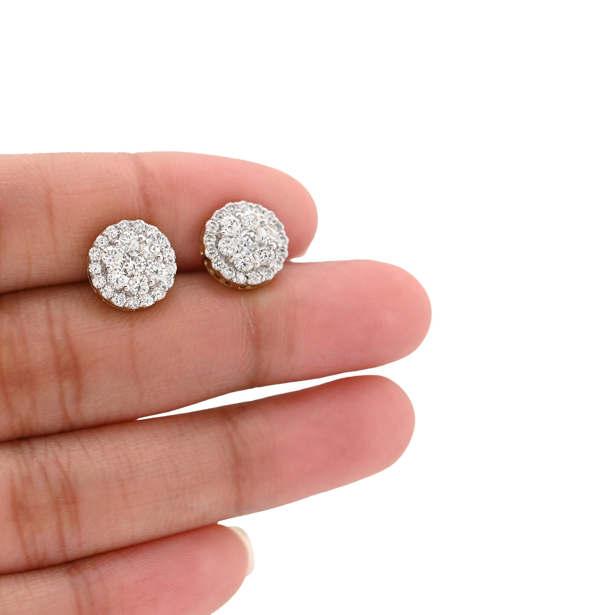 10K Yellow Gold 1.37CT Halo Cluster Flower Studs Natural Diamond Men Women Earrings — view 5