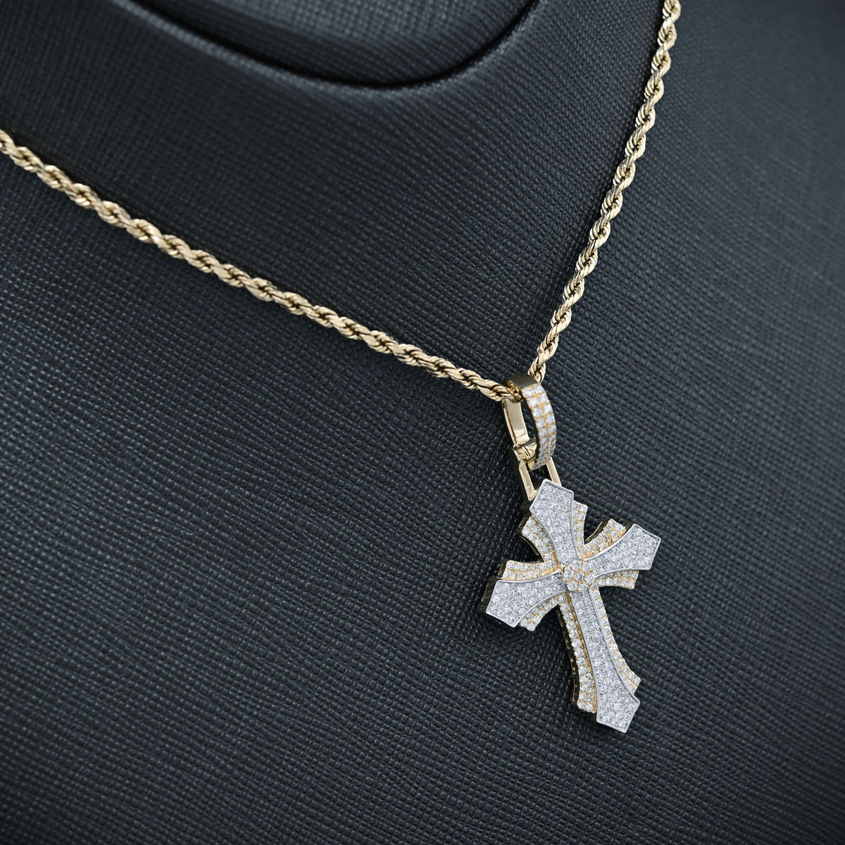10K Yellow & WHite Gold 2 Tone 0.90CT Natural Diamond Religious Cross Pendant Mens CHarm — view 7