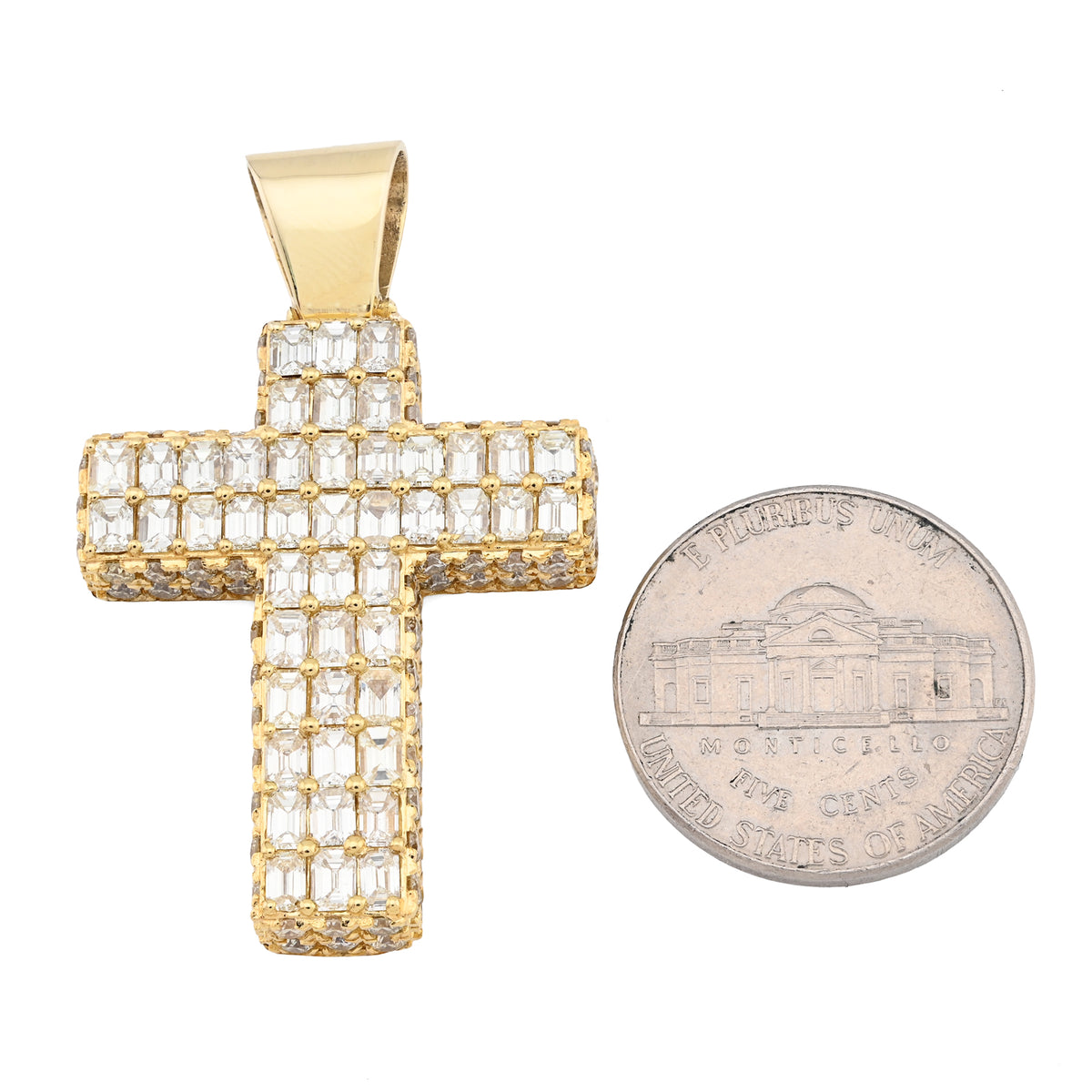 10K Yellow Gold 3.5 CT Natural Diamond Emeralds Religious Cross Pendant Men 12.3 g Charm 43.4 MM — view 9