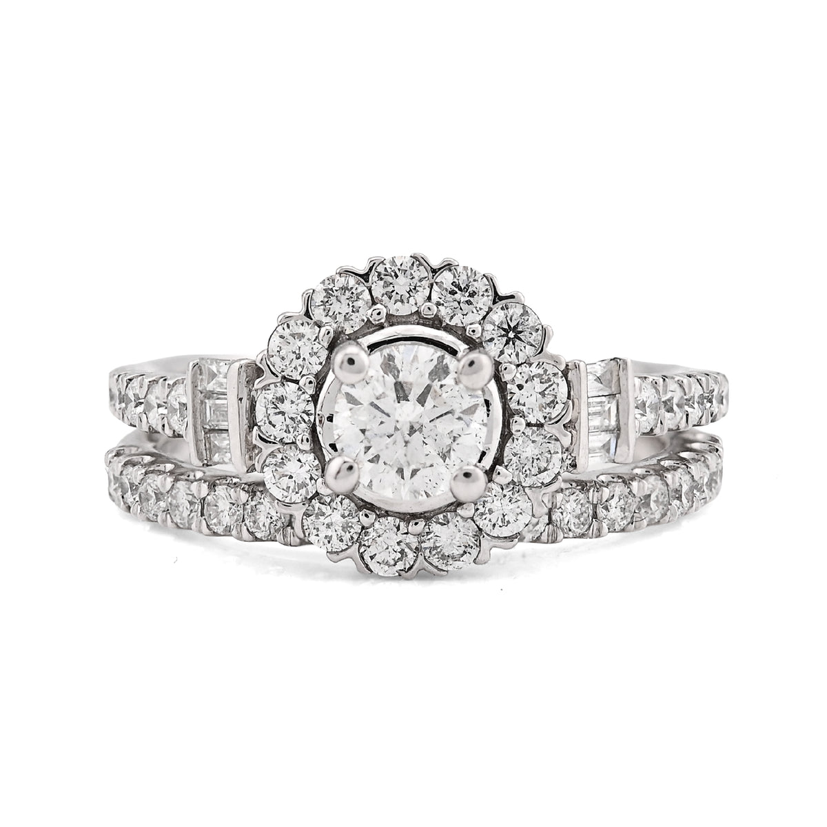 14K White Gold Solitaire/Baguette 1.50CT Natural Diamond Flower Women Wedding Ring — view 1