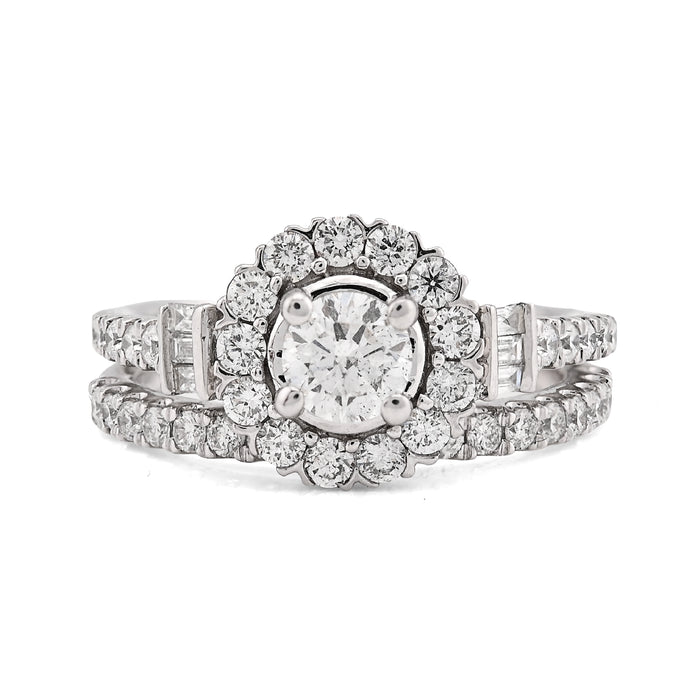 14K White Gold Solitaire/Baguette 1.50CT Natural Diamond Flower Women Wedding Ring — view 1