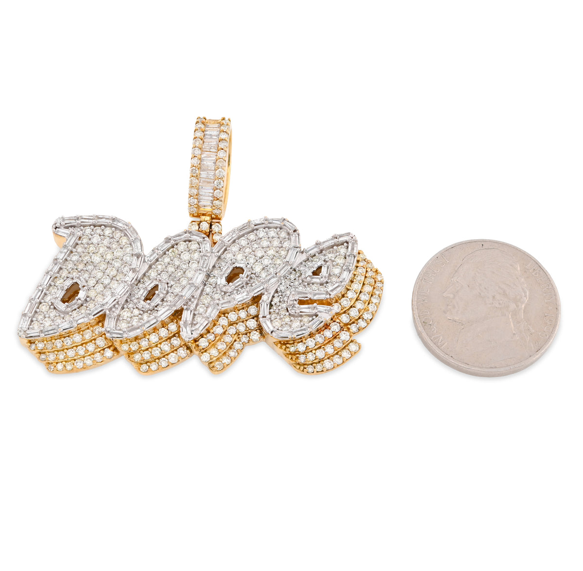 10K Yellow Gold 3.75CT "DOPE" Custom Natural Diamond Round/Baguette Pendant 1.9" Charm — view 7