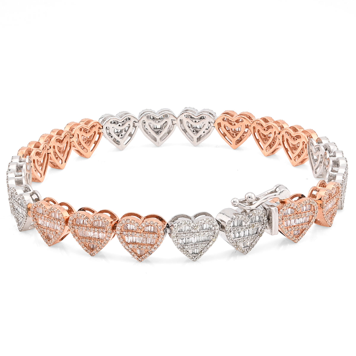 10K Rose & White Gold 2 Tone 2.72CT Round/Baguette Natural Diamond 7.5MM Tennis Heart Bracelet 7" 14.8g — view 8