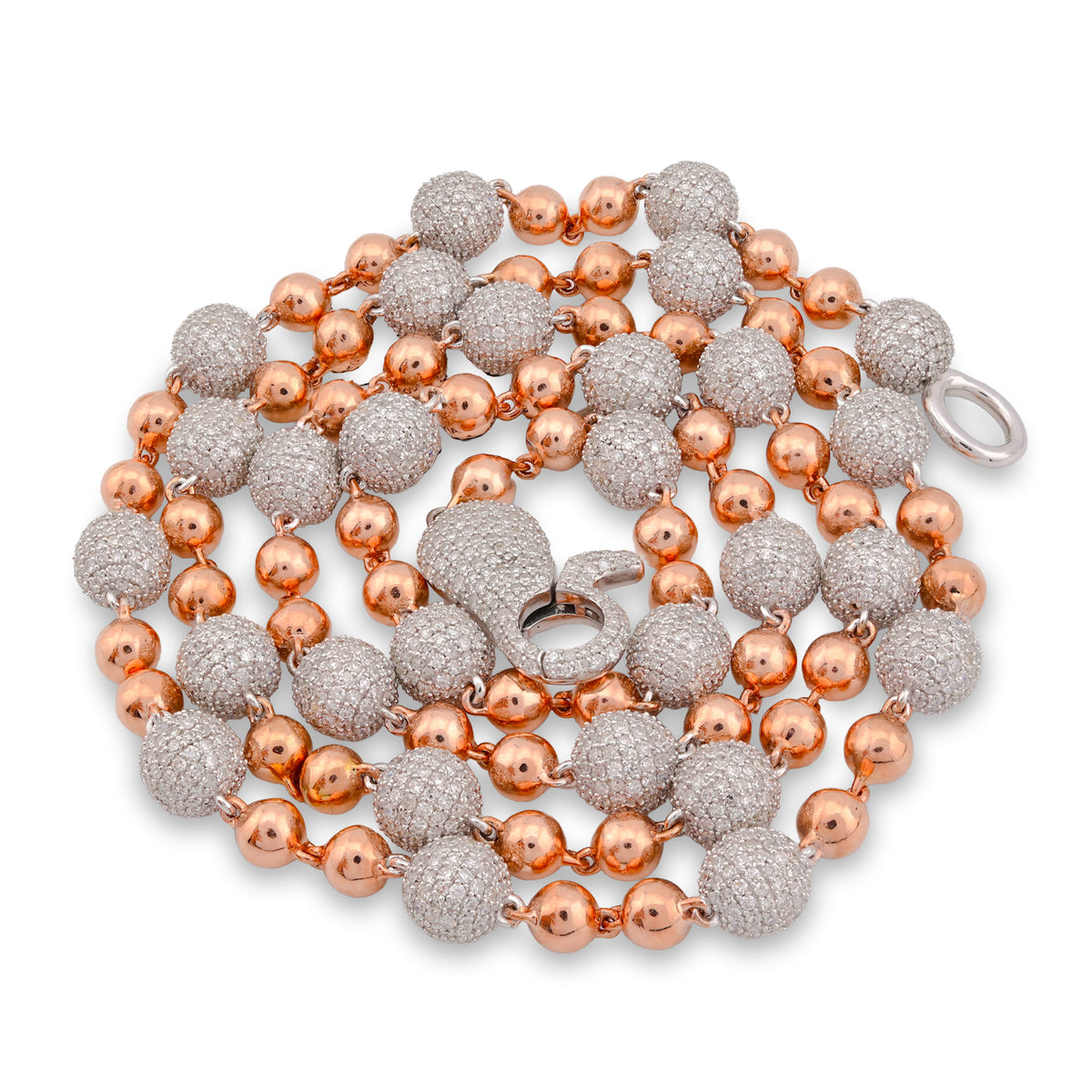 Bead Ball Chain Rose/White 10K Gold Natural Diamond 9.96CT 22" Necklace — view 7
