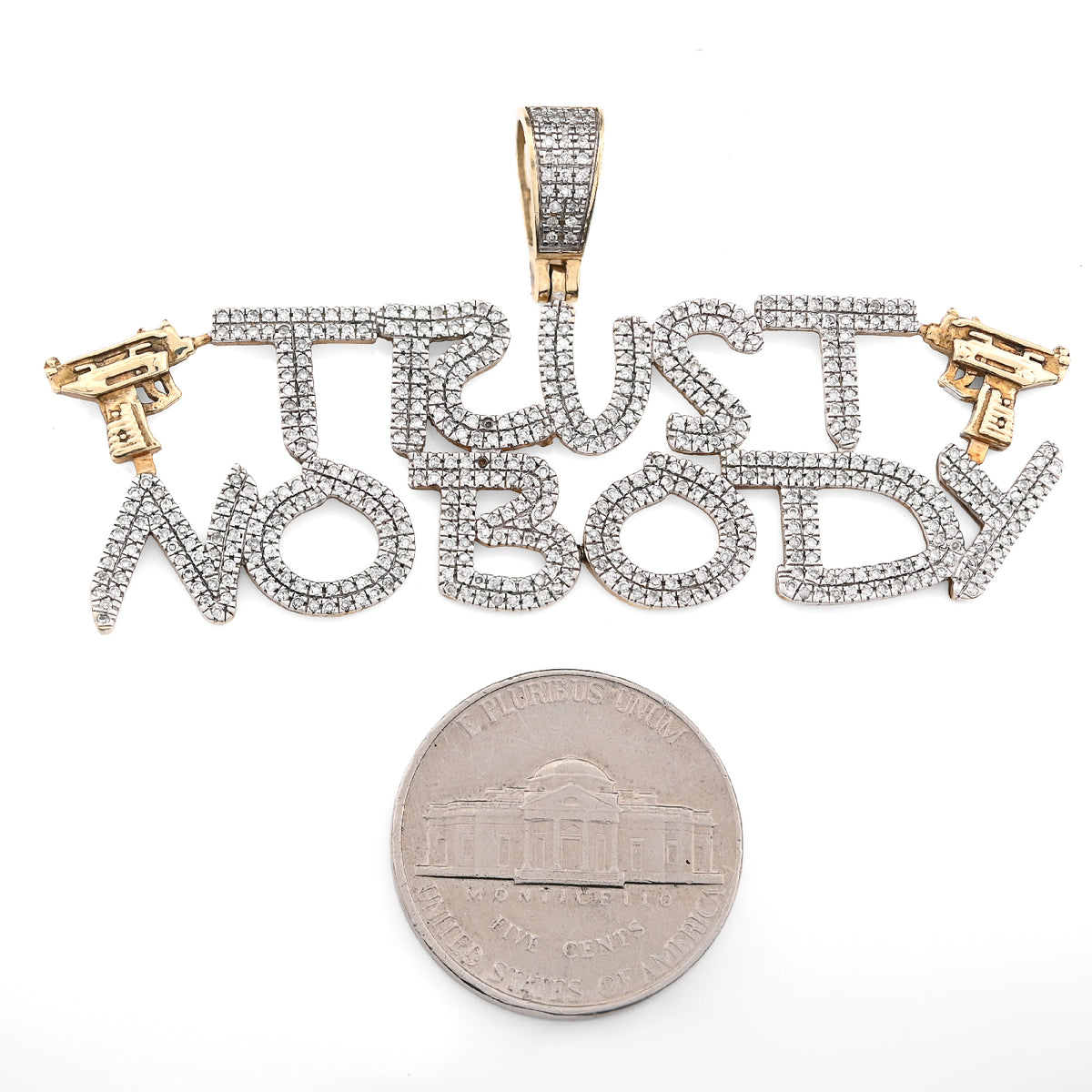 10K Yellow Gold 1.10Ct Natural Diamond "Trust Nobody" Gun Men Pendant Women 2.5" Charm — view 7