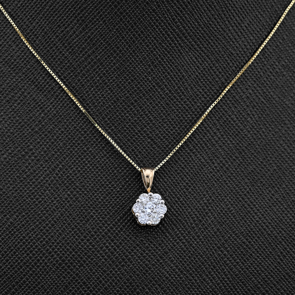 10K yellow Gold 0.75 CT Natural Diamond Flower Cluster Pendant Box Chain Set — view 3