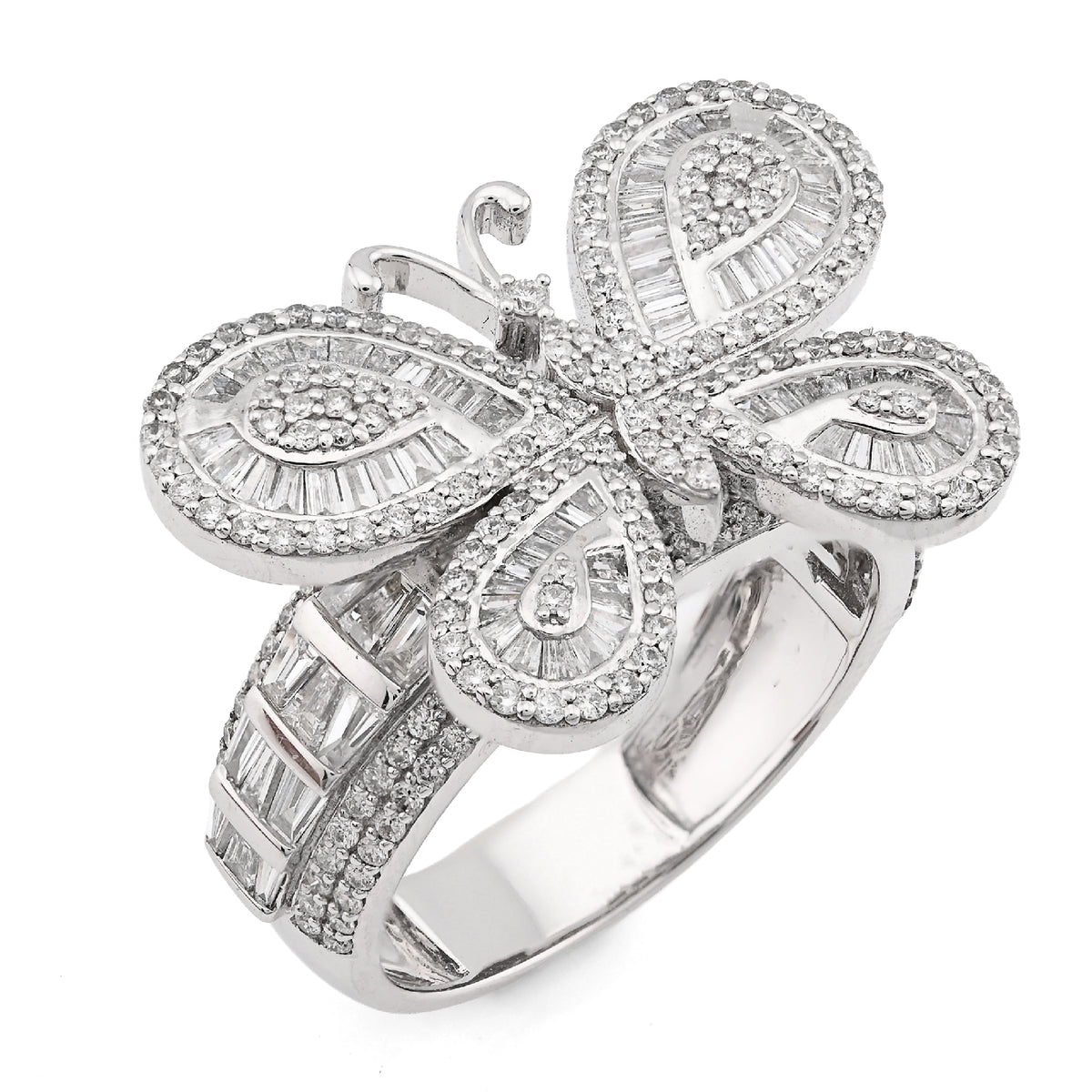 10K White Gold 1.80CT Natural Diamond Round/Baguette Butterfly Women Band 8.2g Ring — view 2