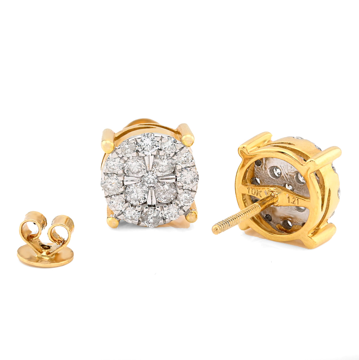 10K Yellow Gold 1.21CT Natural Diamond Halo Cluster Earrings Men Women Studs — view 3