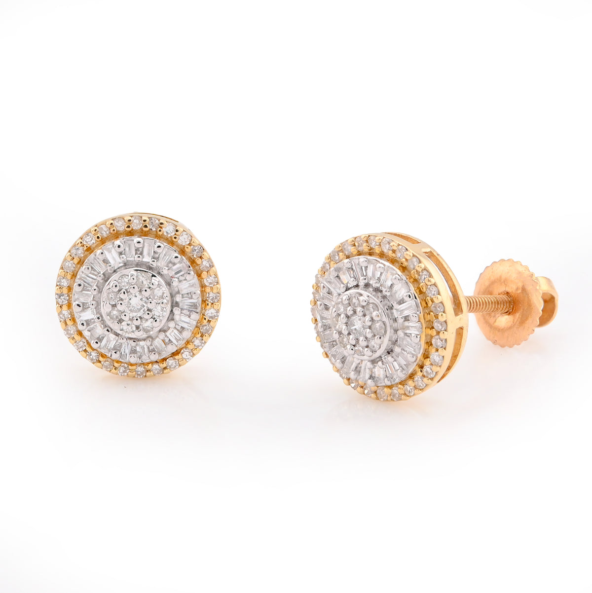 10K Yellow Gold 0.32CT Round/Baguette Natural Diamond Halo Cluster Flower Earrings Men Women Studs — view 3