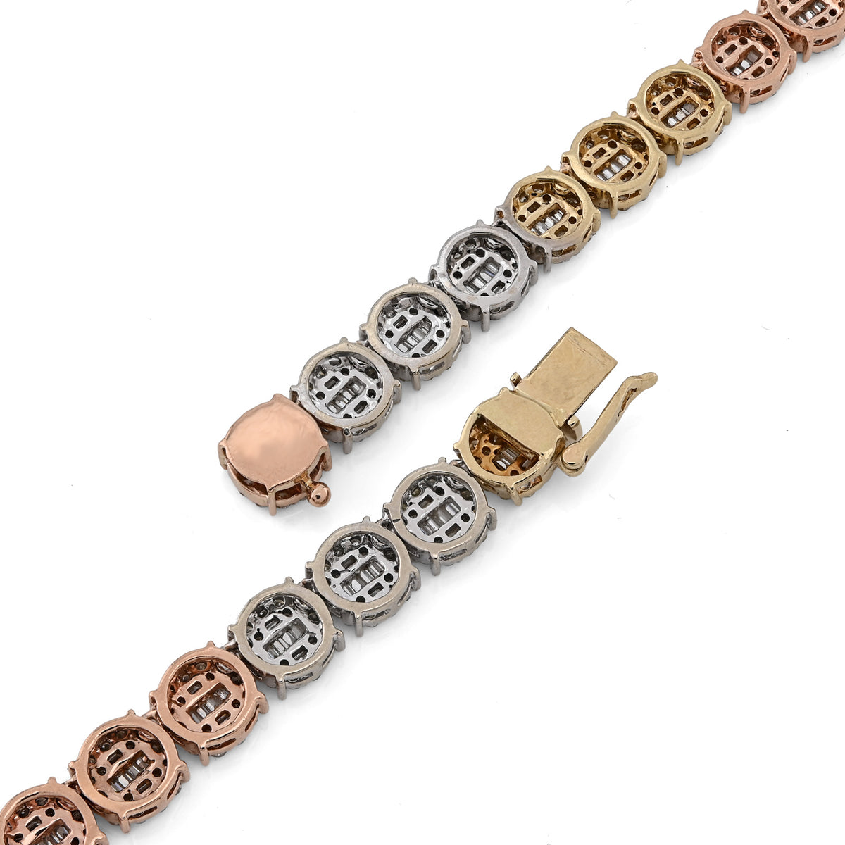 10K Yellow, White & Rose Gold 18.95 CT natural Diamond Round/Baguette 3 Tone Round Shape Tennis Chain — view 7