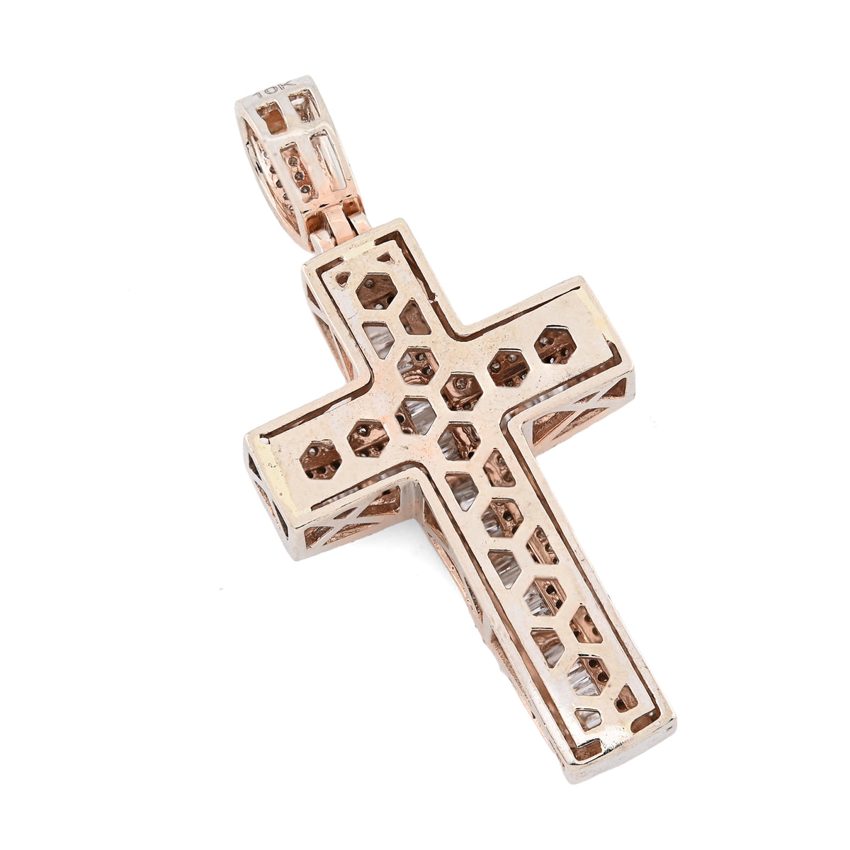 10K Rose Gold 2 CT Round & Baguette Natural Diamond Cross Religious Pendant 5.9 g Men Charm — view 7