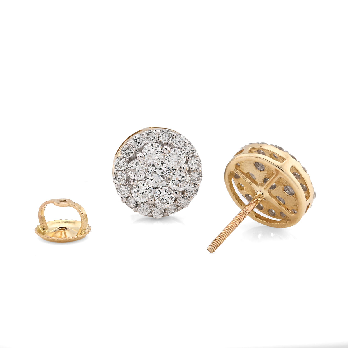 10K Yellow Gold 1.37CT Halo Cluster Flower Studs Natural Diamond Men Women Earrings — view 4