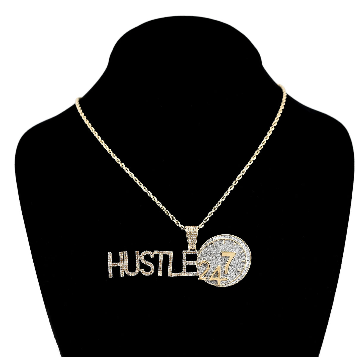 10K Yellow Gold 2CT Natural Baguette Diamond "HUSTLE 24/7" Custom Charm Men Pendant — view 3