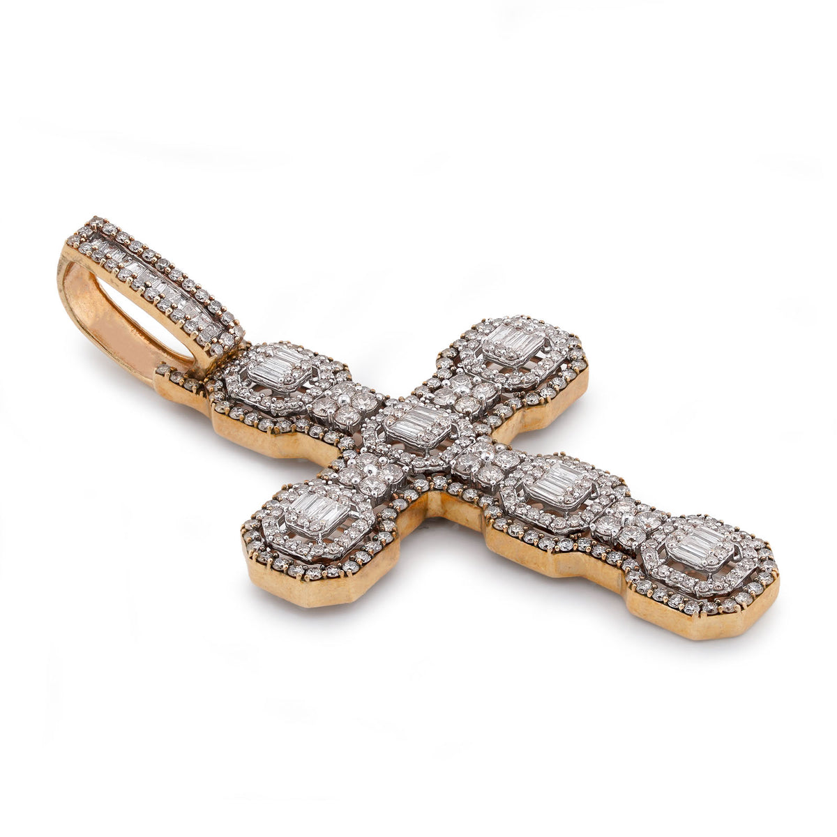 10K Yellow Gold 6.75CT Block Cross Pendant Round/Baguette Natural Diamond Charm — view 8