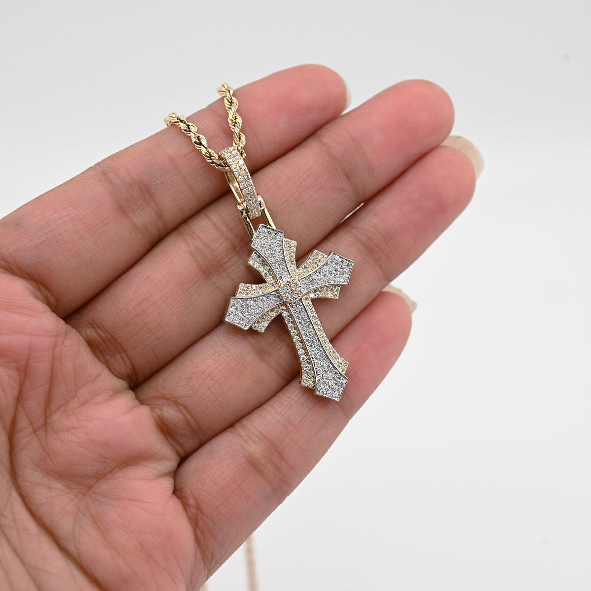 10K Yellow & WHite Gold 2 Tone 0.90CT Natural Diamond Religious Cross Pendant Mens CHarm — view 8