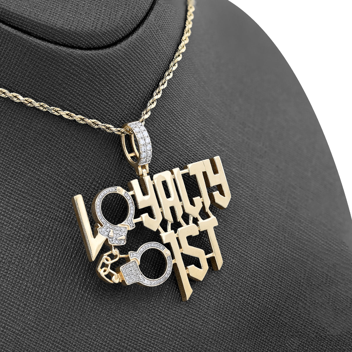 10K Yellow Gold 1Ct Natural Round Diamond "Loyalty First" Men Custom Charm 2" Pendant — view 6