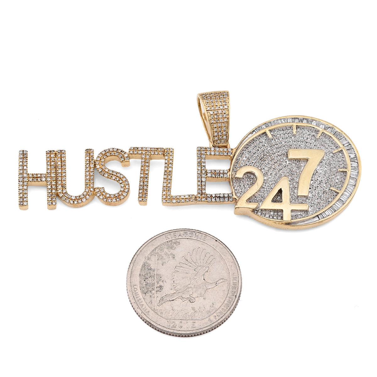 10K Yellow Gold 2CT Natural Baguette Diamond "HUSTLE 24/7" Custom Charm Men Pendant — view 6