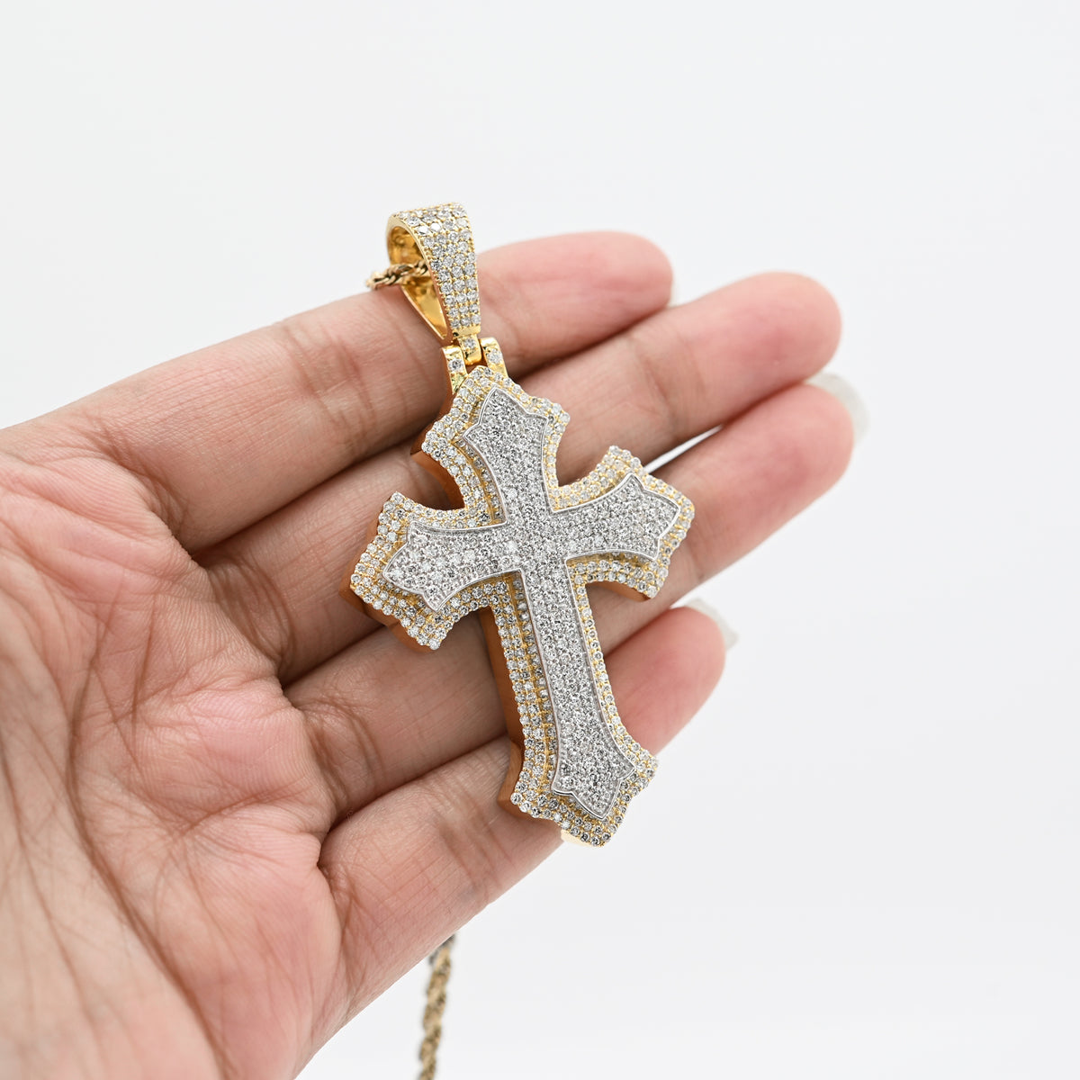 10K Yellow & White Gold 5 CT Natural Diamond Religious Cross Pendant Men Women Charm — view 10