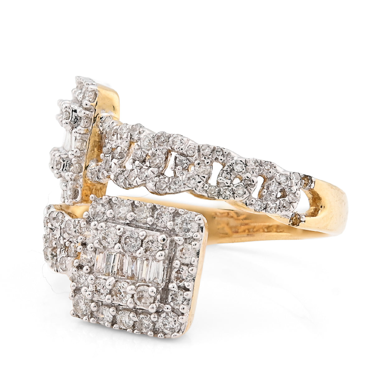 10K Yellow Gold 0.75CT Natural Diamond Split Shank Round/Baguette Twin Square Women Ring — view 4